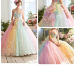 Hübsche bunte Regenbogen-Ballettröckchen-Abschlussball-Kleider 3D-Blumen-Spitze