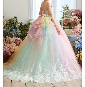 Hübsche bunte Regenbogen-Ballettröckchen-Abschlussball-Kleider 3D-Blumen-Spitze